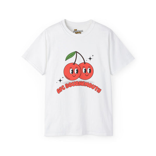 White t-shirt with cartoon cherries and text on a white background