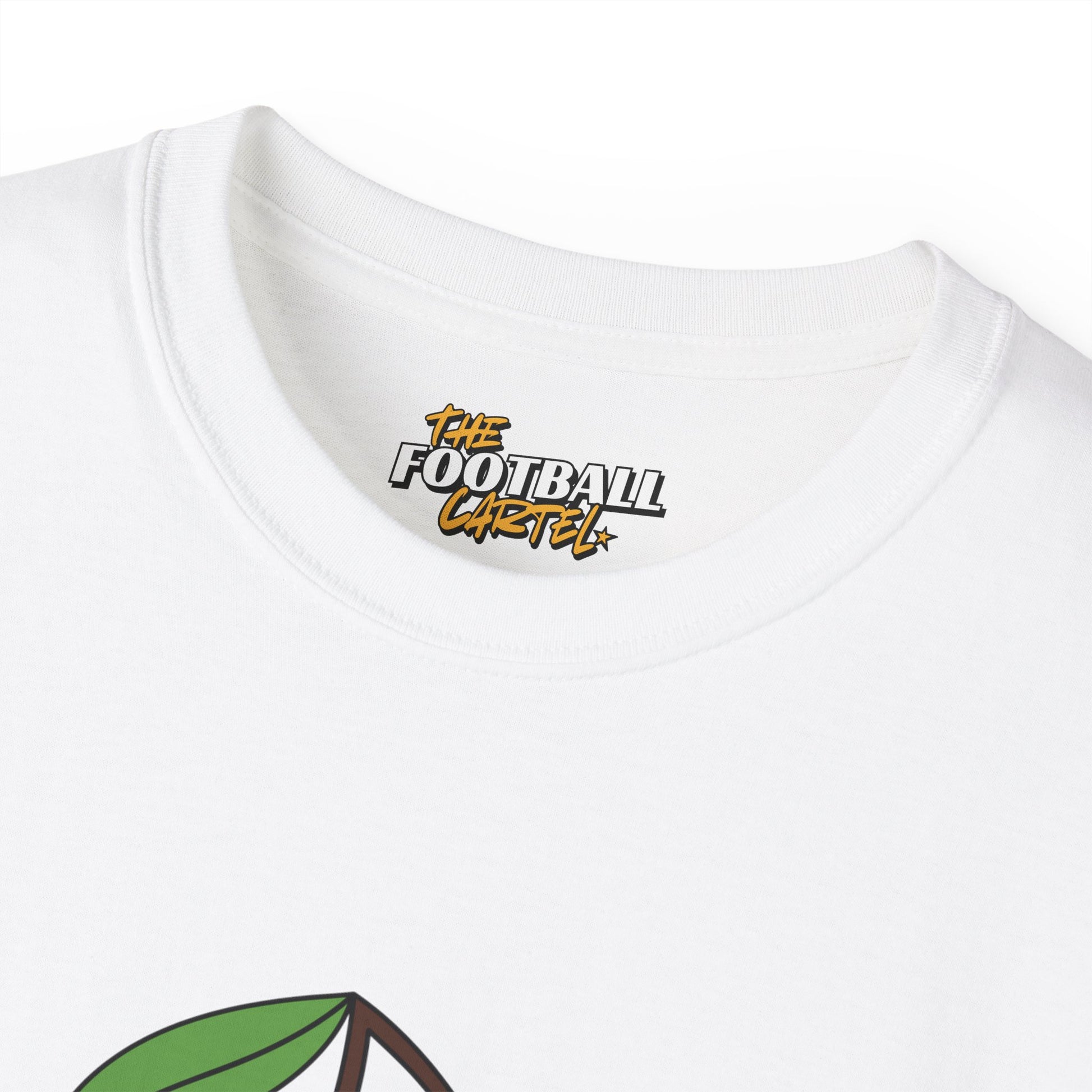 White t-shirt with 'The Football Cartel' logo on a white background