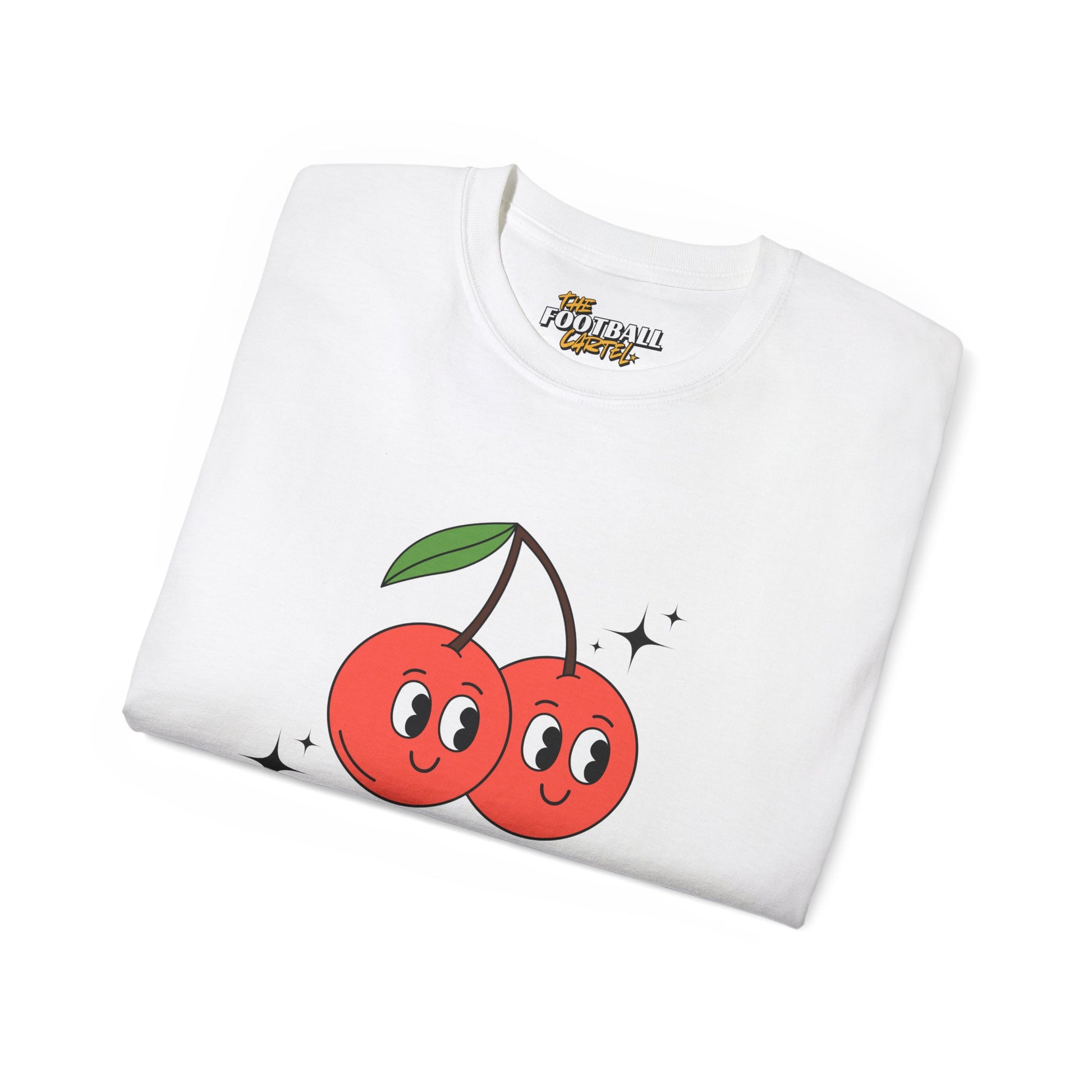 White t-shirt with cartoon cherries design on a white background