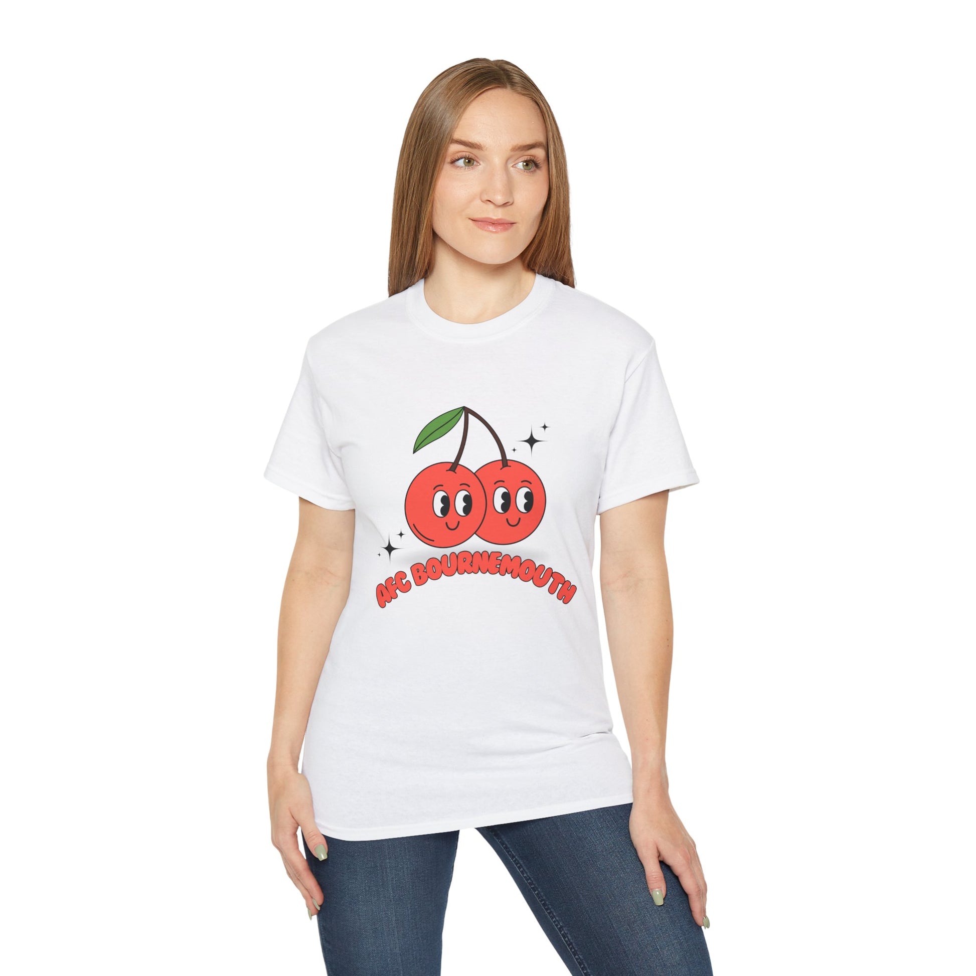 Woman wearing a white t-shirt with cartoon cherries and text on a white background