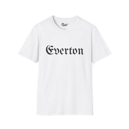 White t-shirt with 'Everton' printed on it against a white background
