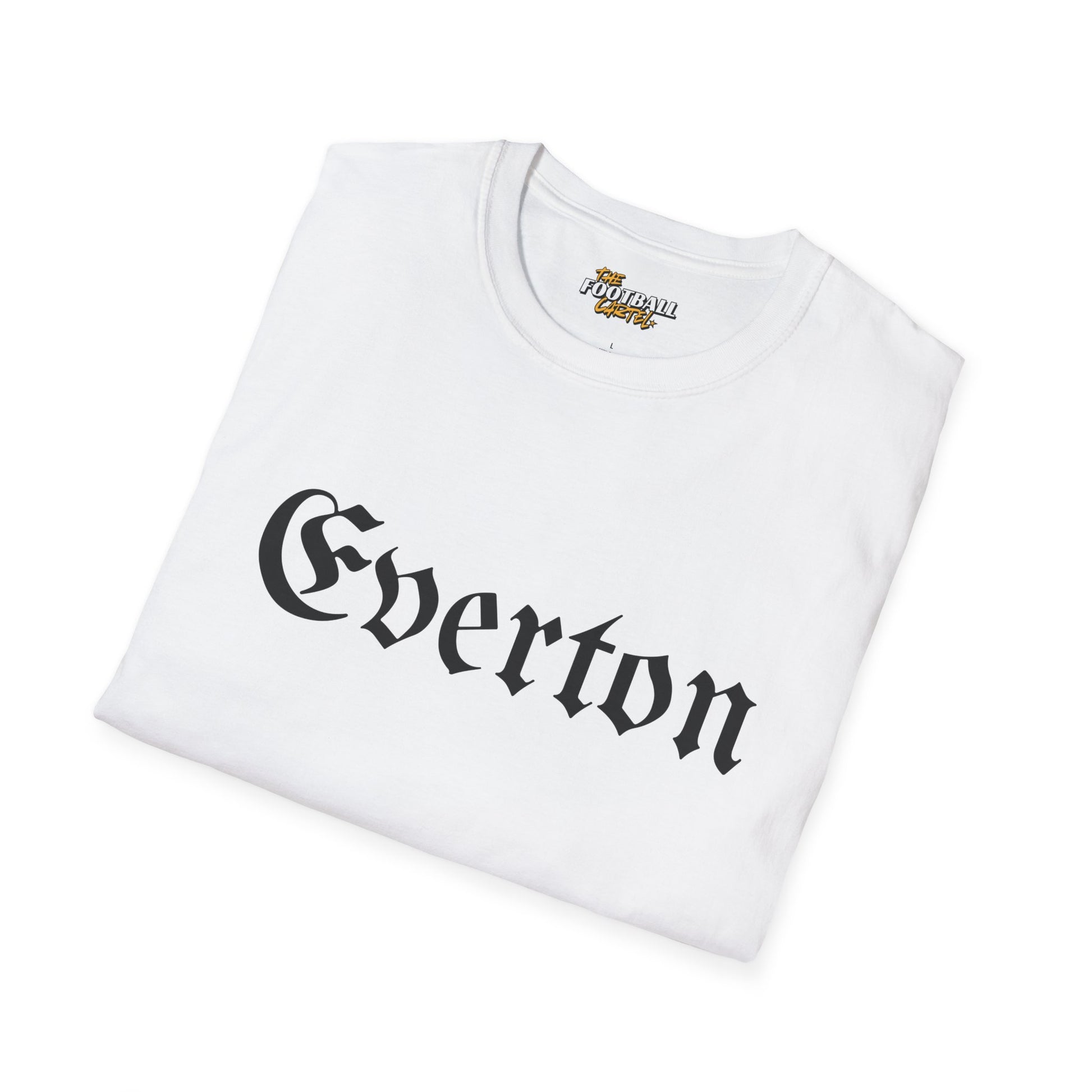 White t-shirt with 'Everton' printed on it, folded on a white background