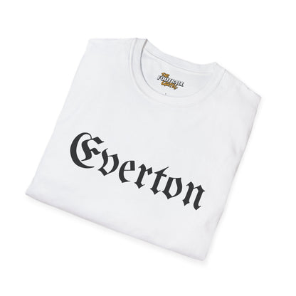 White t-shirt with 'Everton' printed on it, folded on a white background