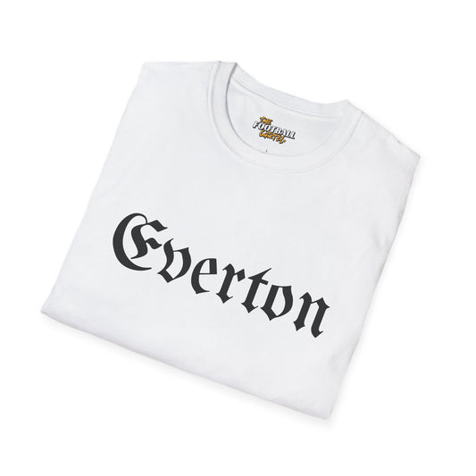 White t-shirt with 'Everton' printed on it, folded on a white background