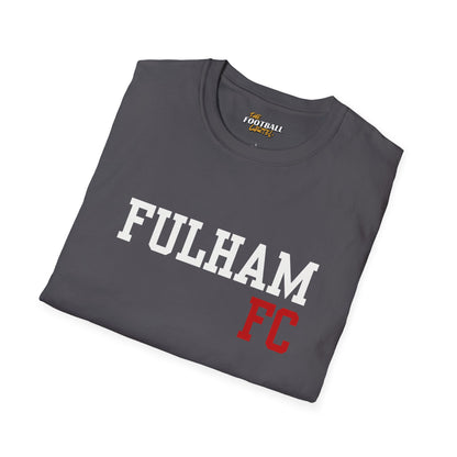 Folded gray t-shirt with 'Fulham FC' text on a white background