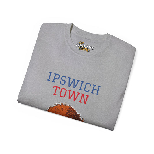 Folded gray t-shirt with 'Ipswich Town' text and logo on a white background