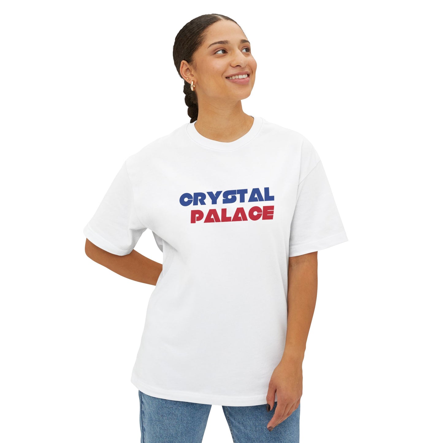 Person wearing a white t-shirt with 'Crystal Palace' text on a white background