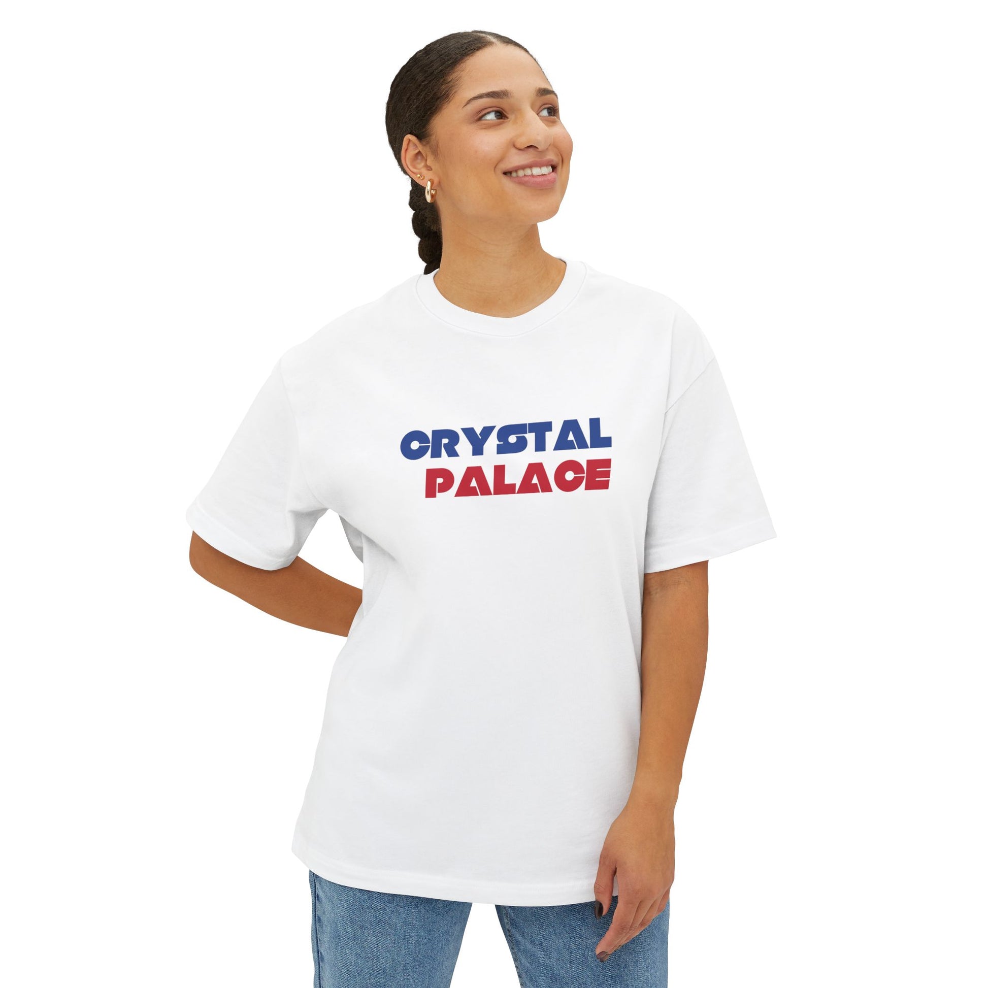 Person wearing a white t-shirt with 'Crystal Palace' text on a white background