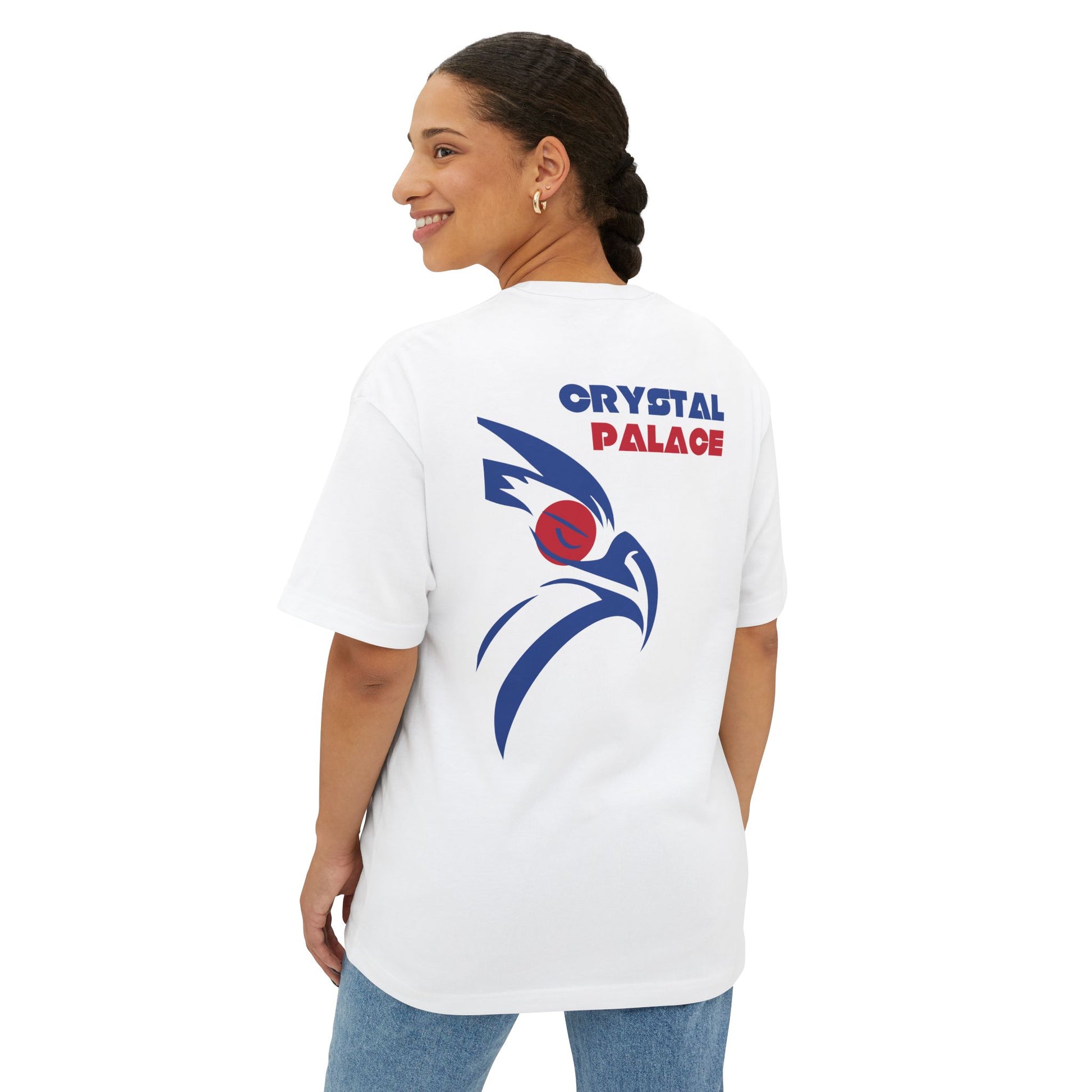 Person wearing a white t-shirt with 'Crystal Palace' logo on the back