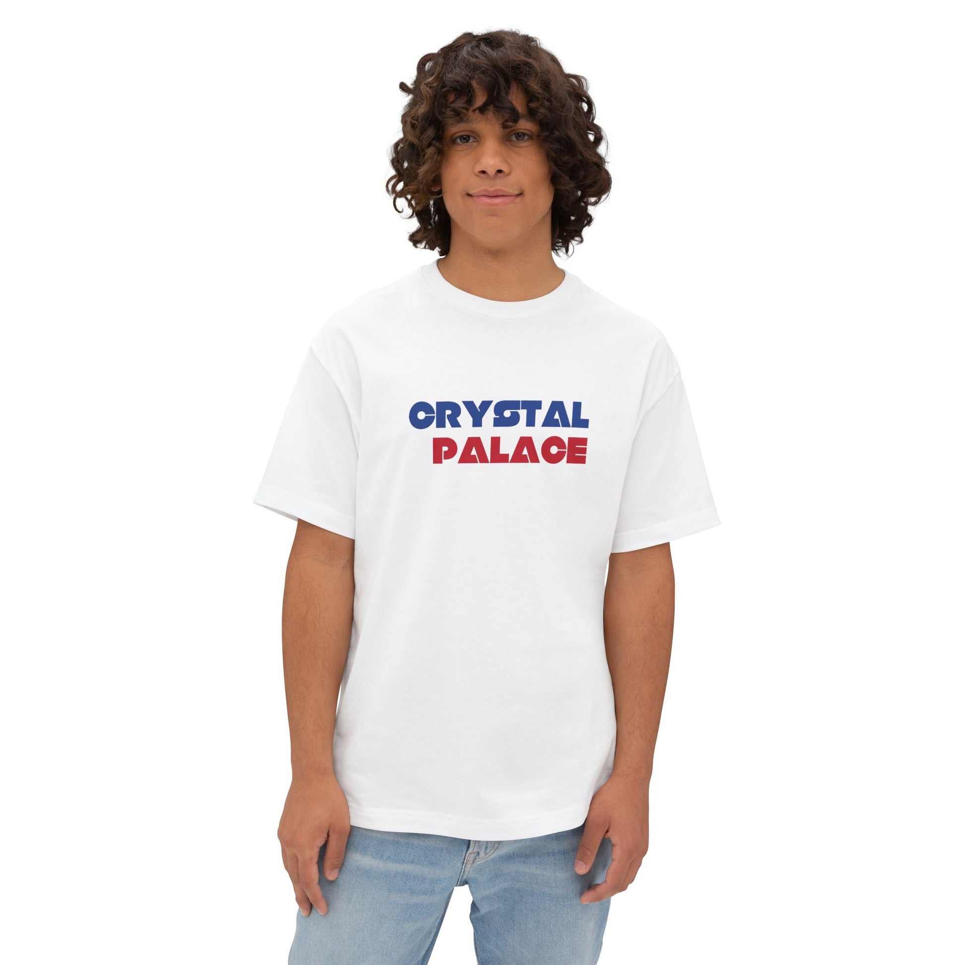 Person wearing a white t-shirt with 'Crystal Palace' text on a white background
