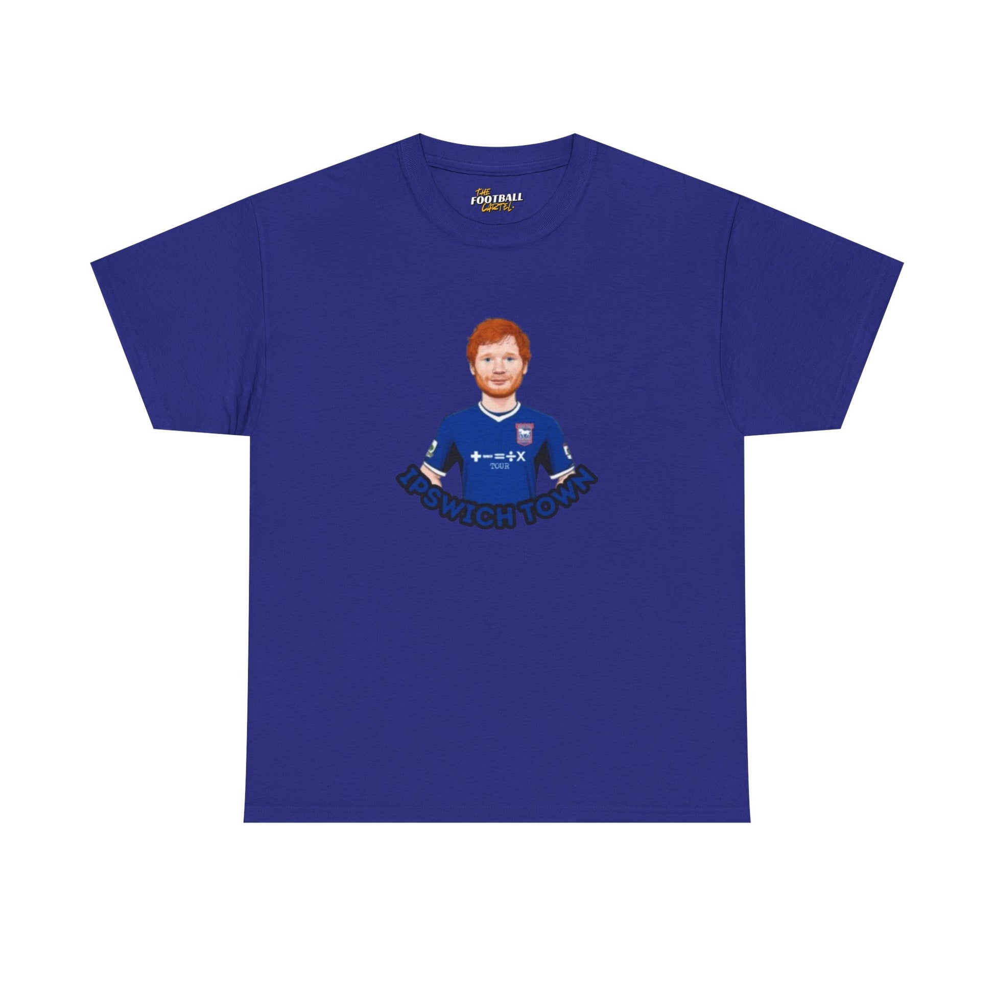 Blue Ipswich town t-shirt with a graphic of a person and text on a white background
