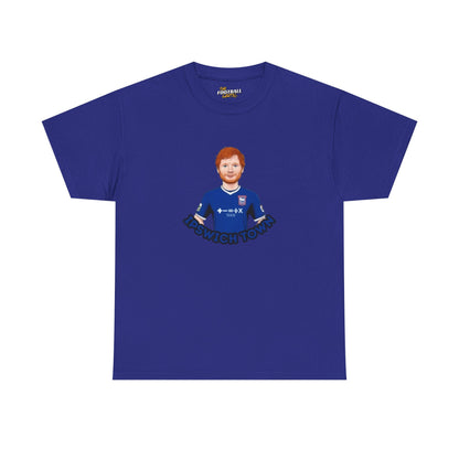 Blue Ipswich town t-shirt with a graphic of a person and text on a white background