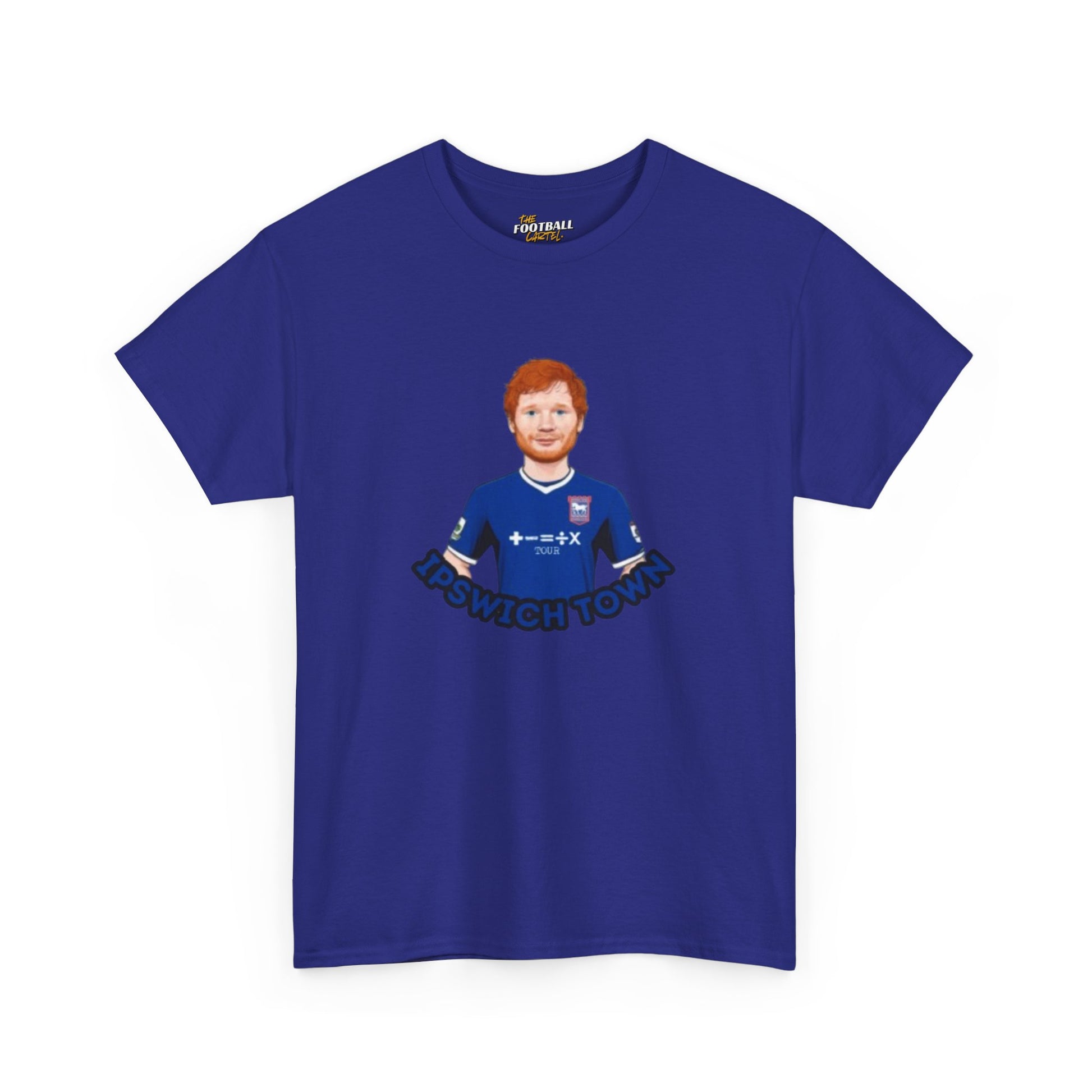 Blue Ipswich town t-shirt with a graphic of a person wearing a sports jersey on a white background