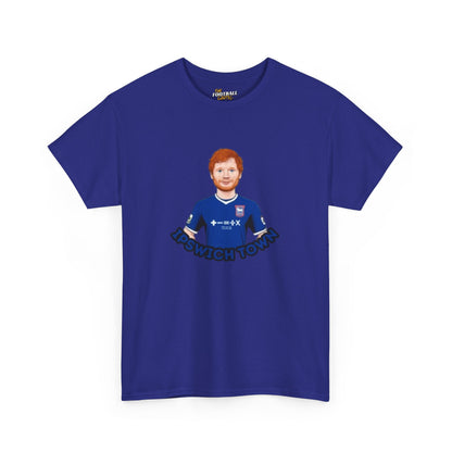 Blue Ipswich town t-shirt with a graphic of a person wearing a sports jersey on a white background