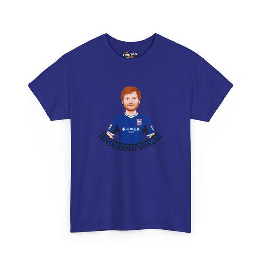 Blue Ipswich town t-shirt with a graphic of a person wearing a sports jersey on a white background