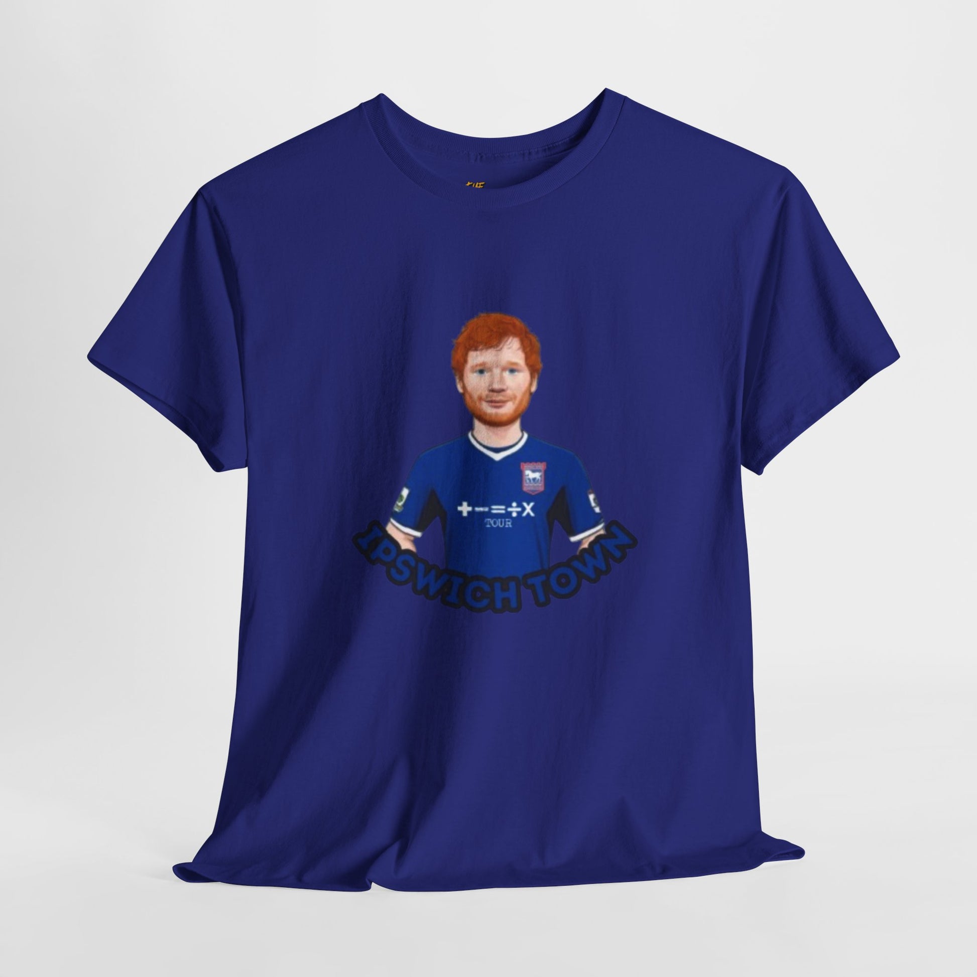 Blue Ipswich town t-shirt with a graphic of a person wearing a sports jersey on a white background