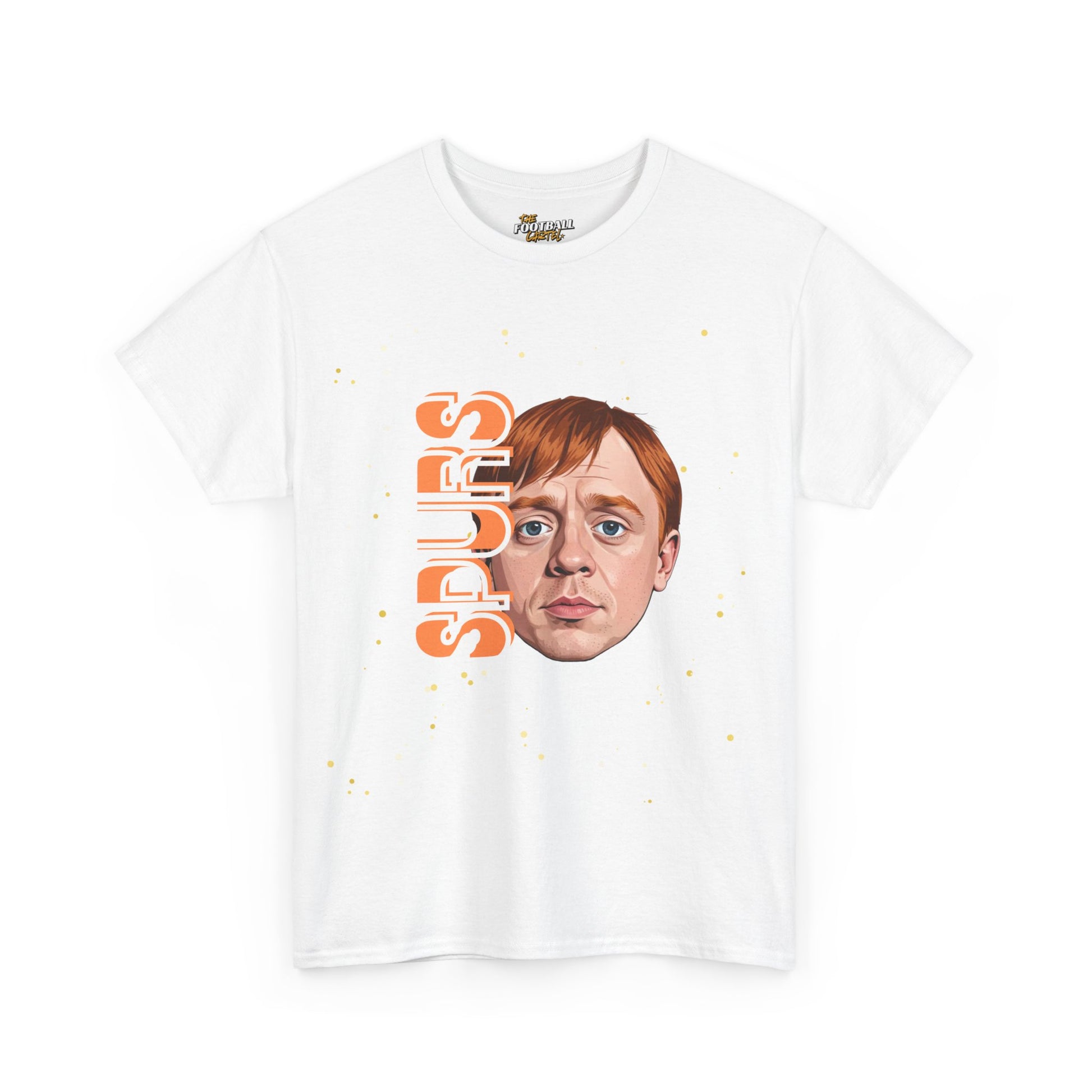 White spurs t-shirt with a graphic of a person's face and text on a white background