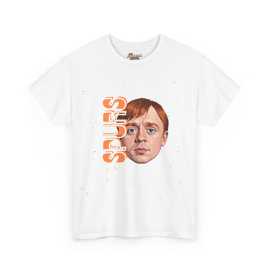 White spurs t-shirt with a graphic of a person's face and text on a white background
