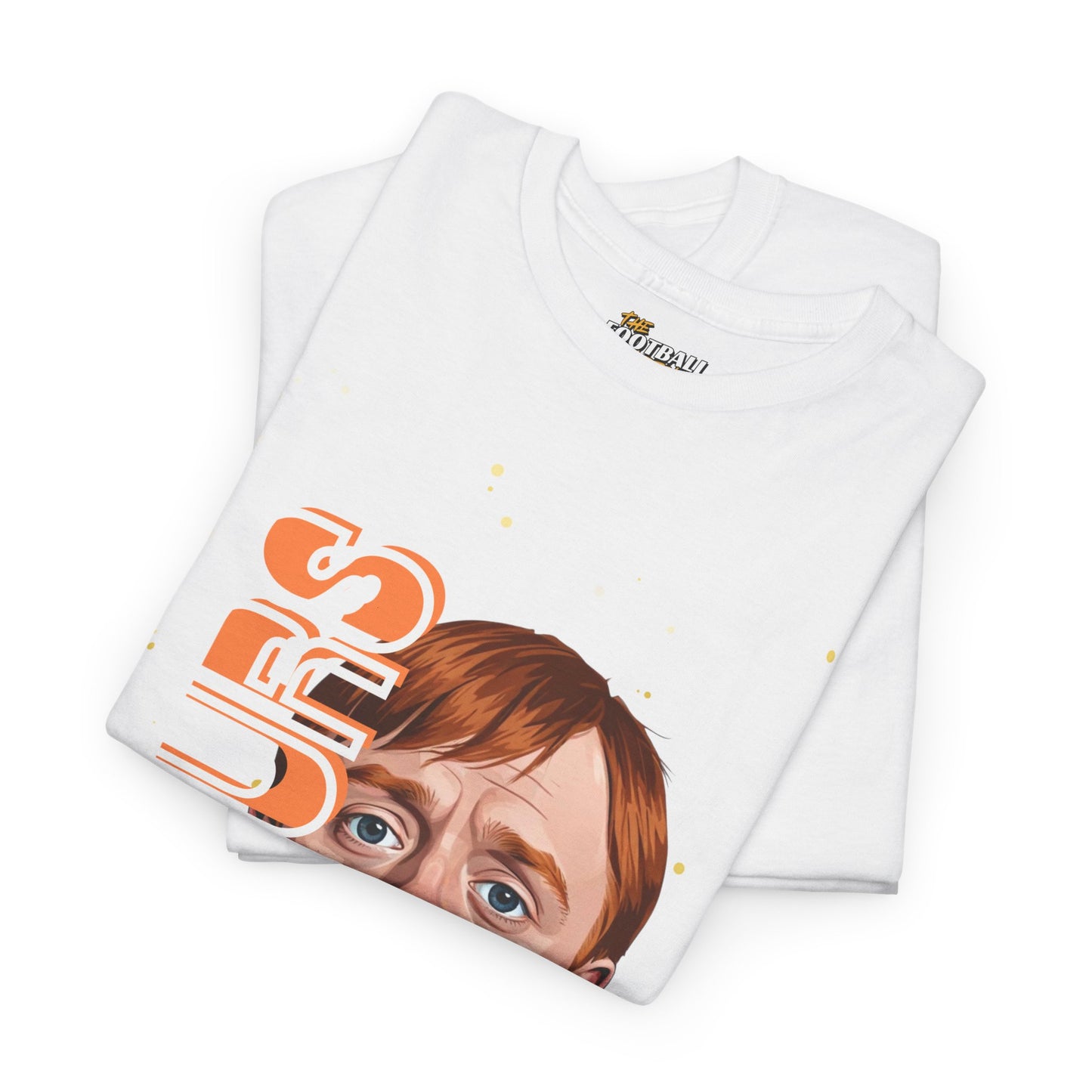 Folded white spurs t-shirt with a graphic design on a white background
