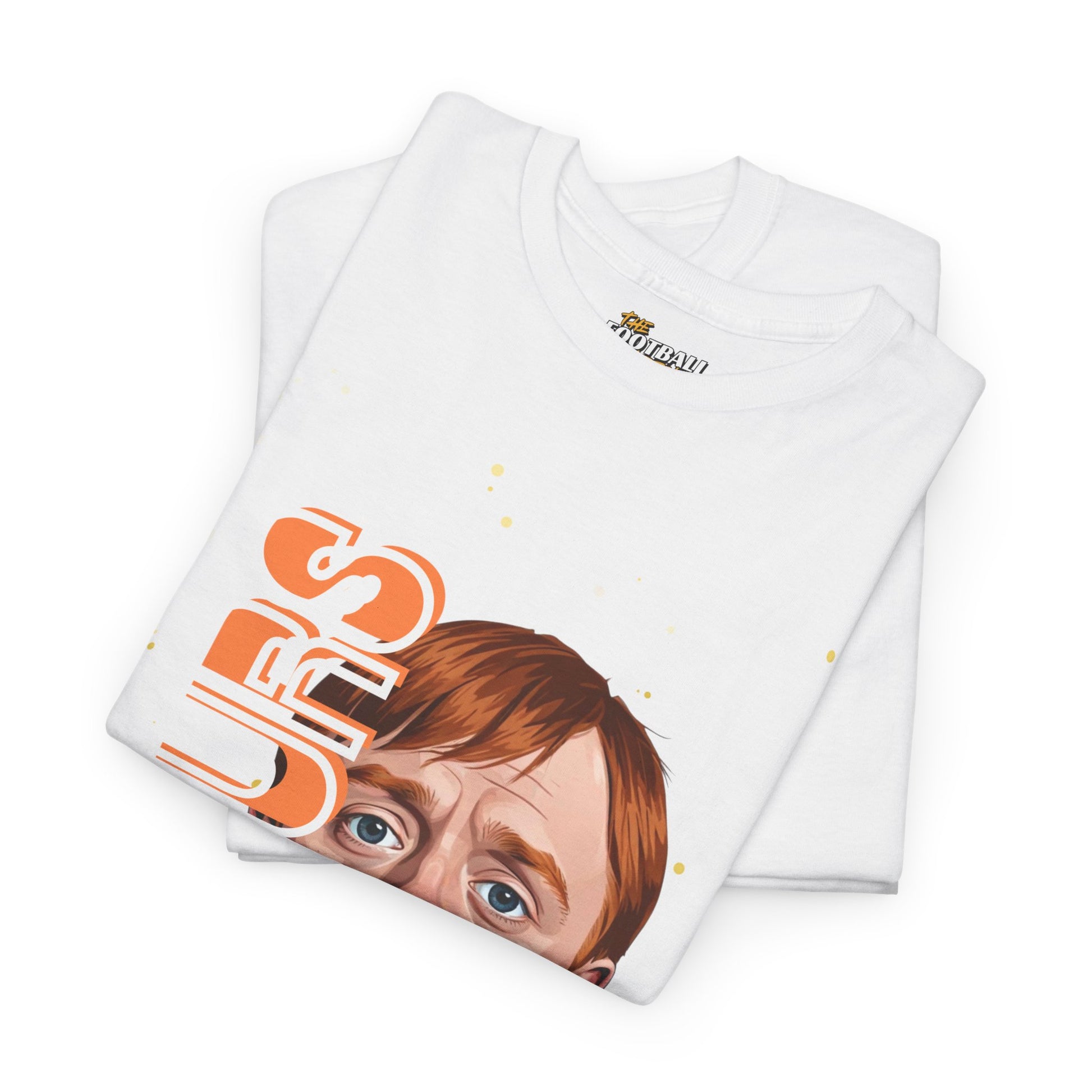 Folded white spurs t-shirt with a graphic design on a white background
