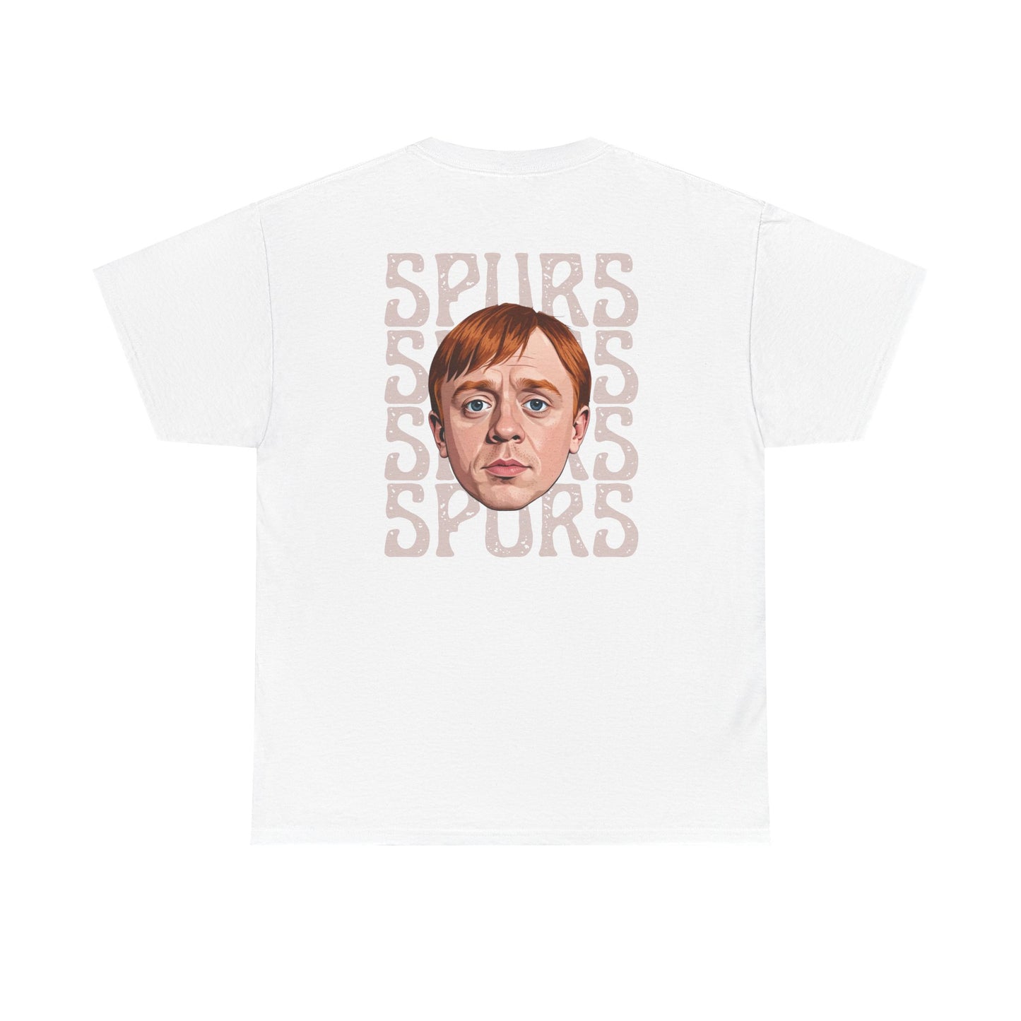White t-shirt with a graphic of a person's face and 'SPURS' text on a white background