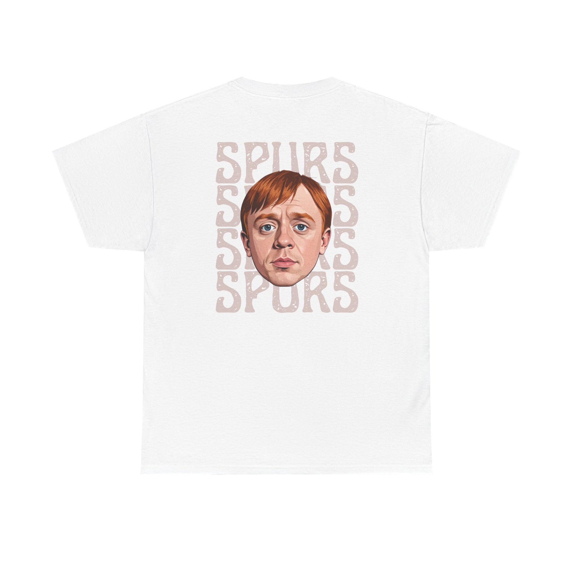 White t-shirt with a graphic of a person's face and 'SPURS' text on a white background