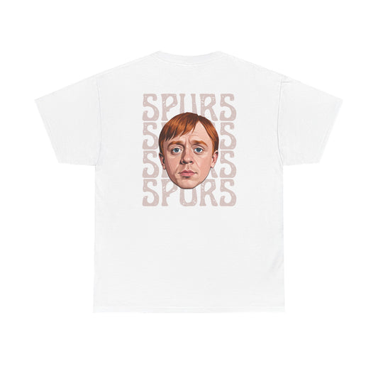 White t-shirt with a graphic of a person's face and 'SPURS' text on a white background