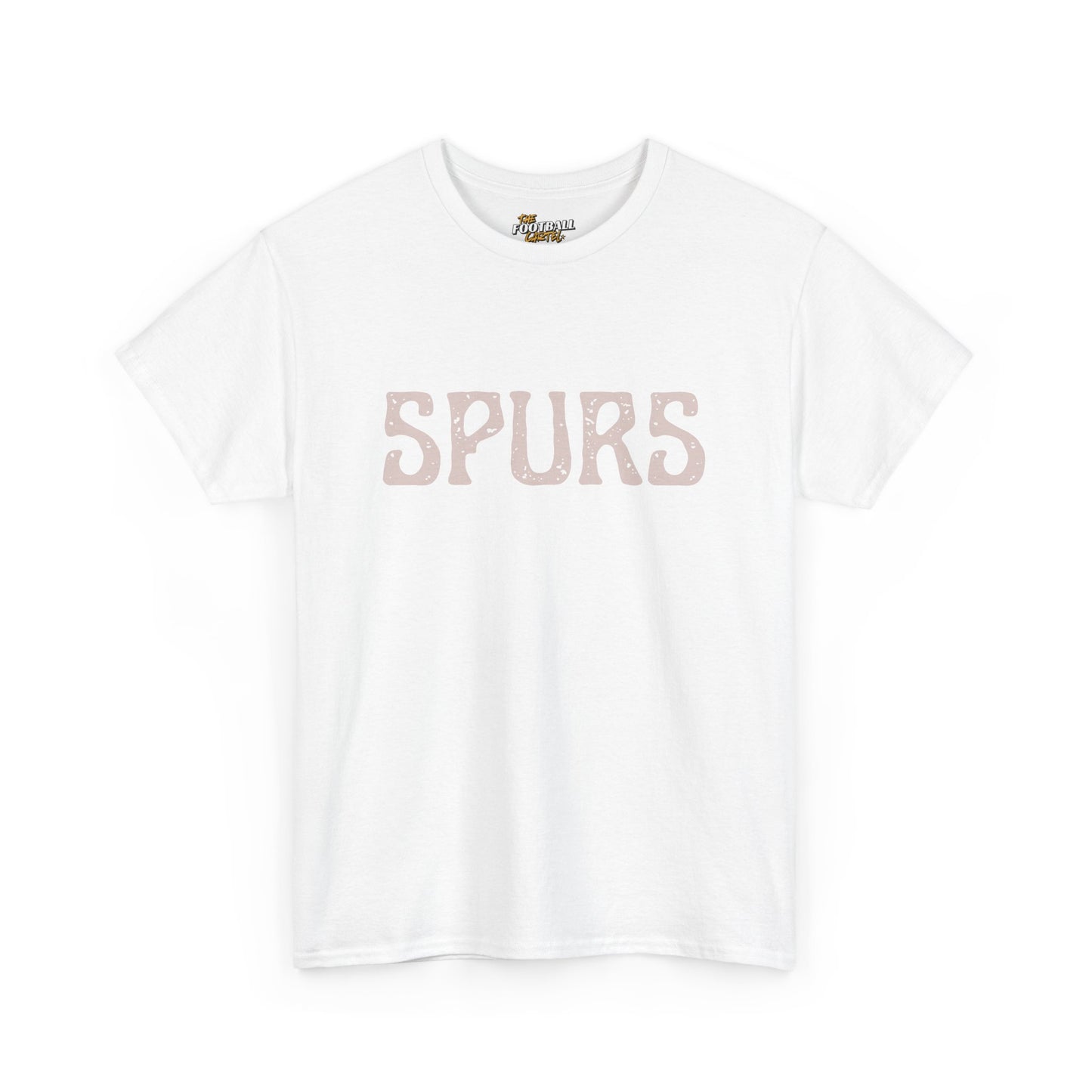 White t-shirt with 'SPURS' printed in pink on a white background