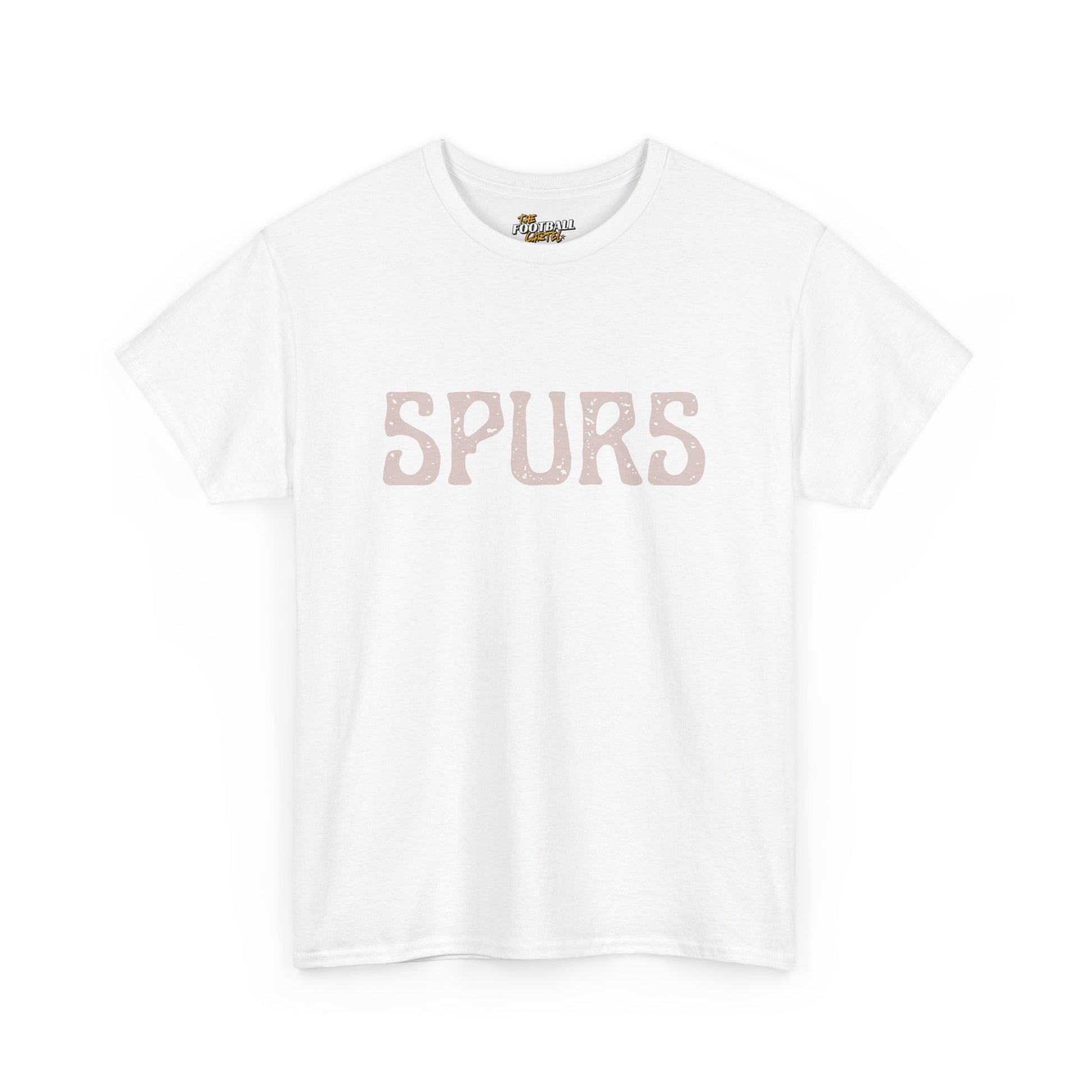 White t-shirt with 'SPURS' printed in pink on a white background