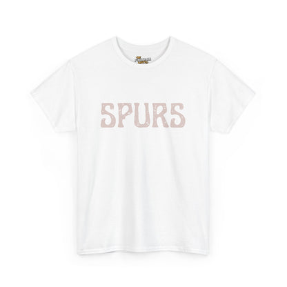 White t-shirt with 'SPURS' printed in pink on a white background