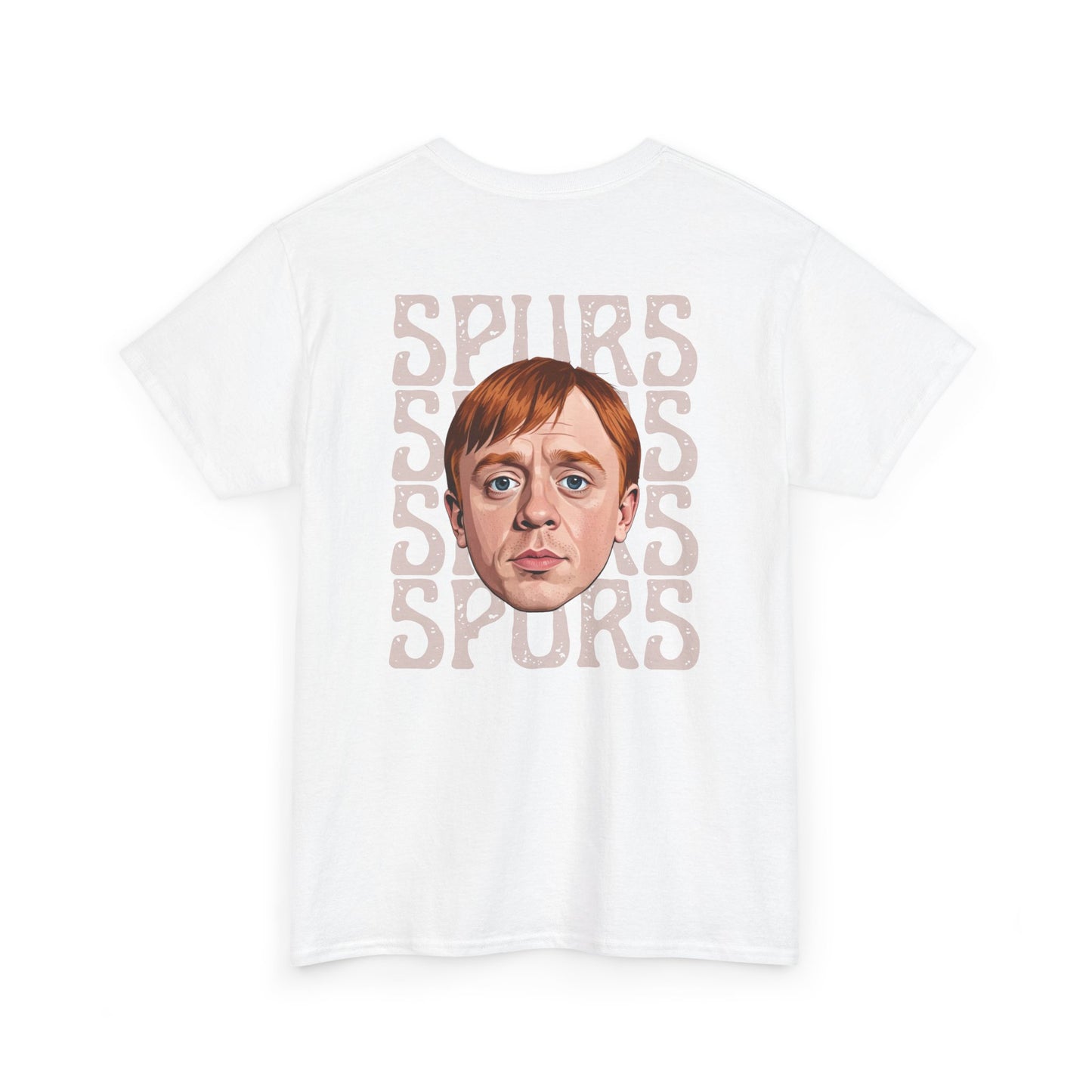 White t-shirt with 'SPURS' text and a face graphic on a white background