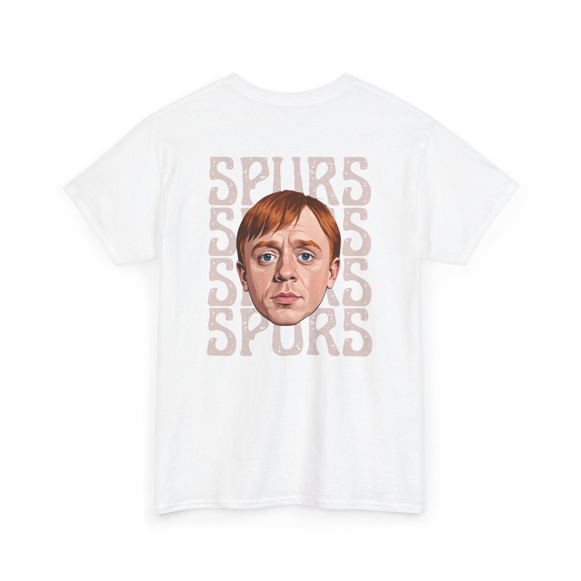 White t-shirt with 'SPURS' text and a face graphic on a white background