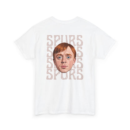 White t-shirt with 'SPURS' text and a face graphic on a white background