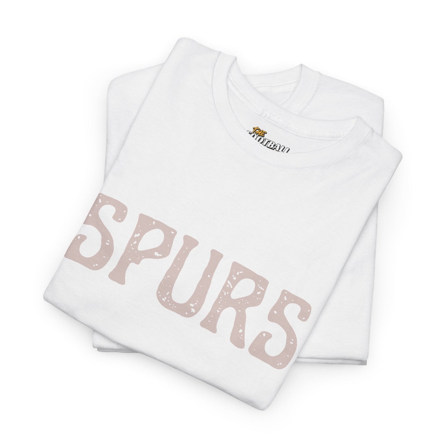 White tshirt with 'SPURS' printed on it, folded and displayed against a white background.