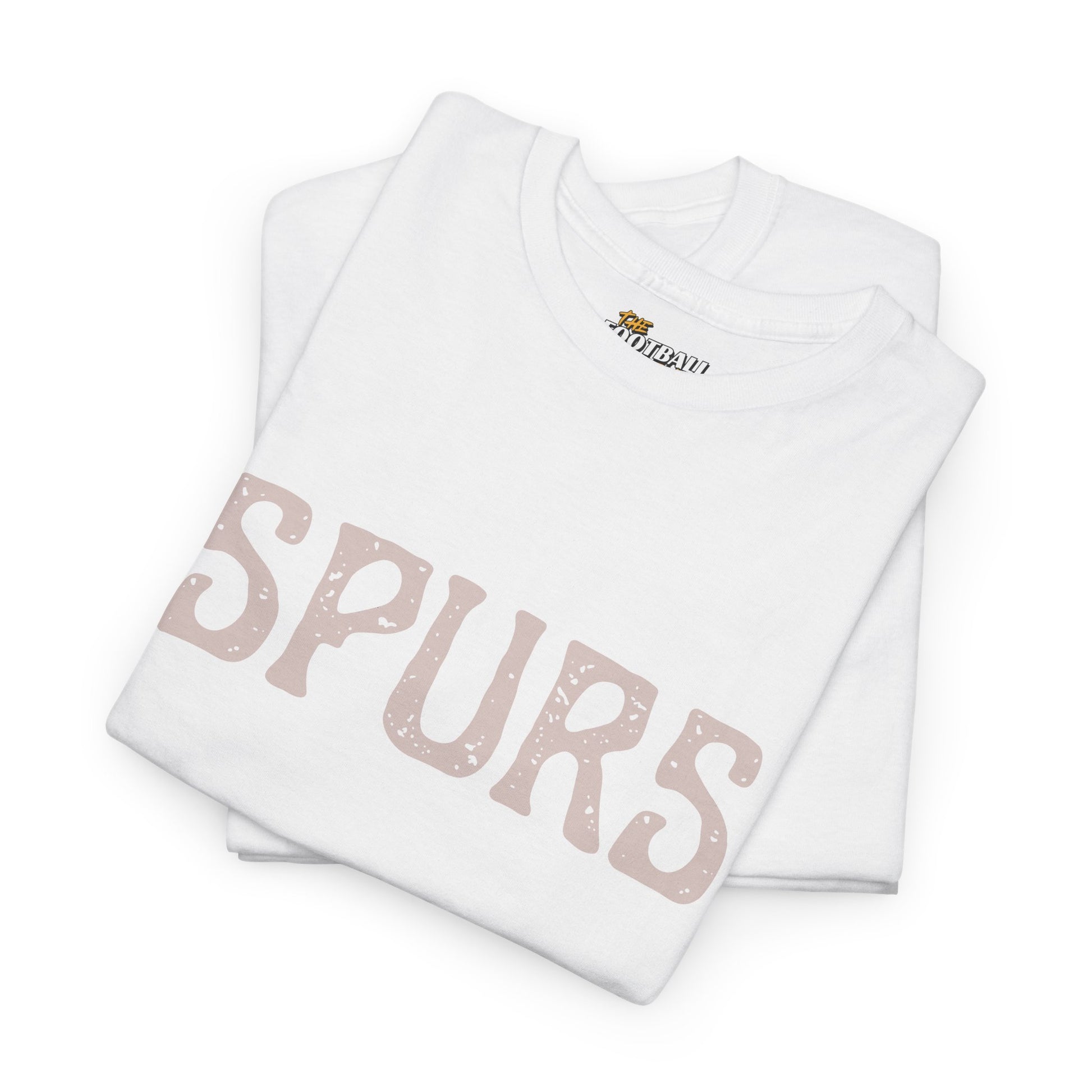 White tshirt with 'SPURS' printed on it, folded and displayed against a white background.
