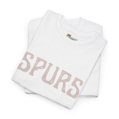 White tshirt with 'SPURS' printed on it, folded and displayed against a white background.