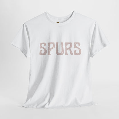 White t-shirt with 'SPURS' printed on it against a light gray background