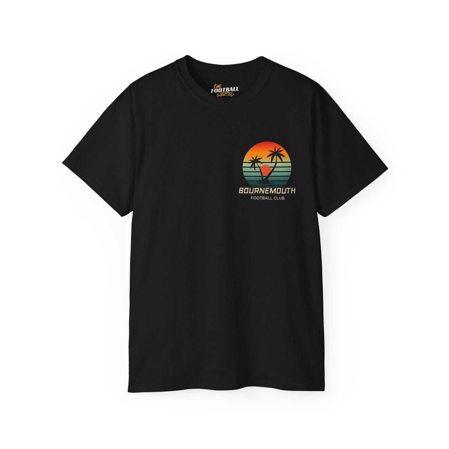 Black t-shirt with a colorful graphic and text on a white background