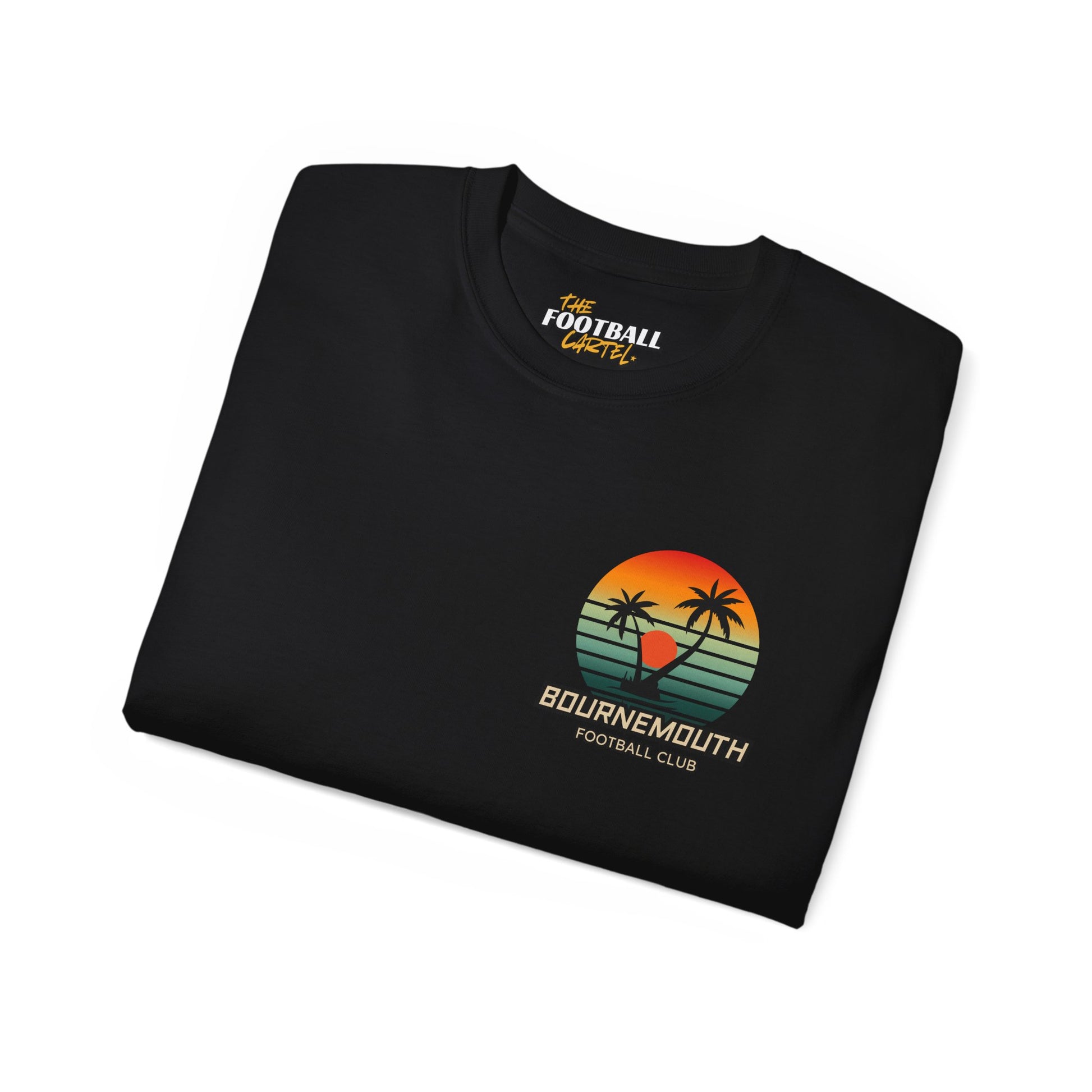 Folded black sweatshirt with a colorful logo and text on a white background