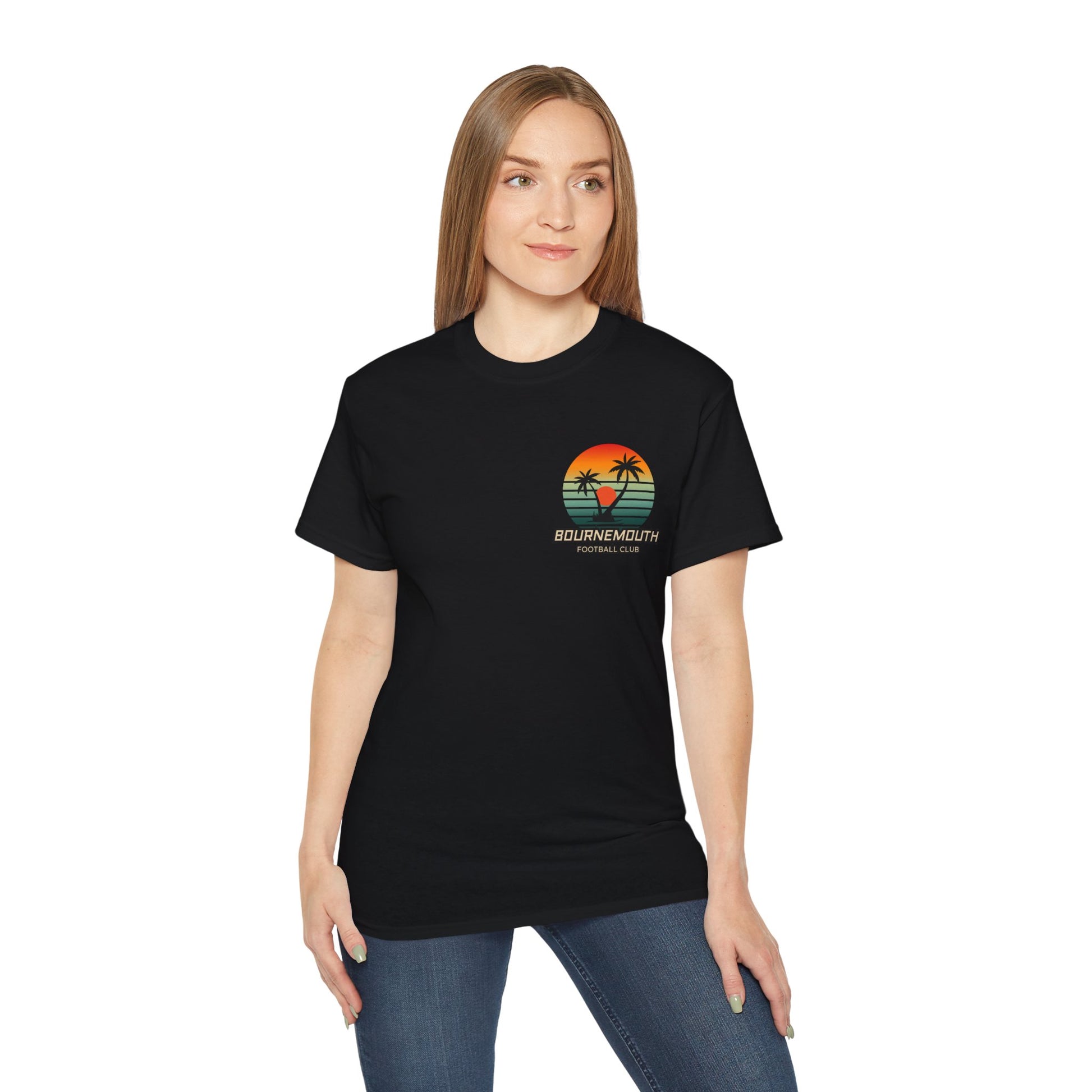Person wearing a black t-shirt with a colorful graphic design on a white background
