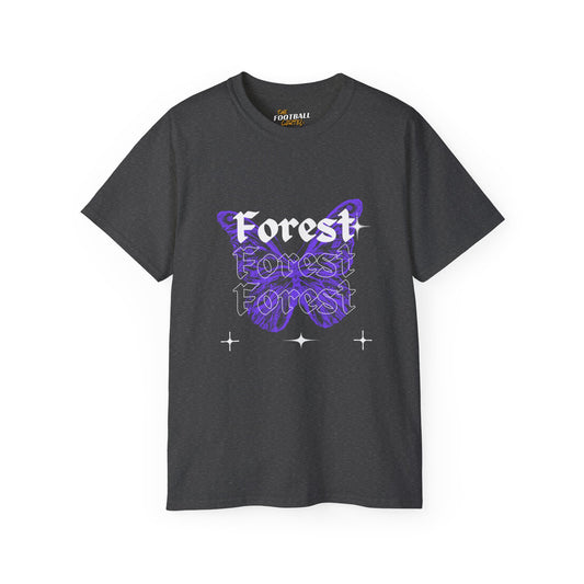 Black t-shirt with purple butterfly design and 'Forest' text on a white background