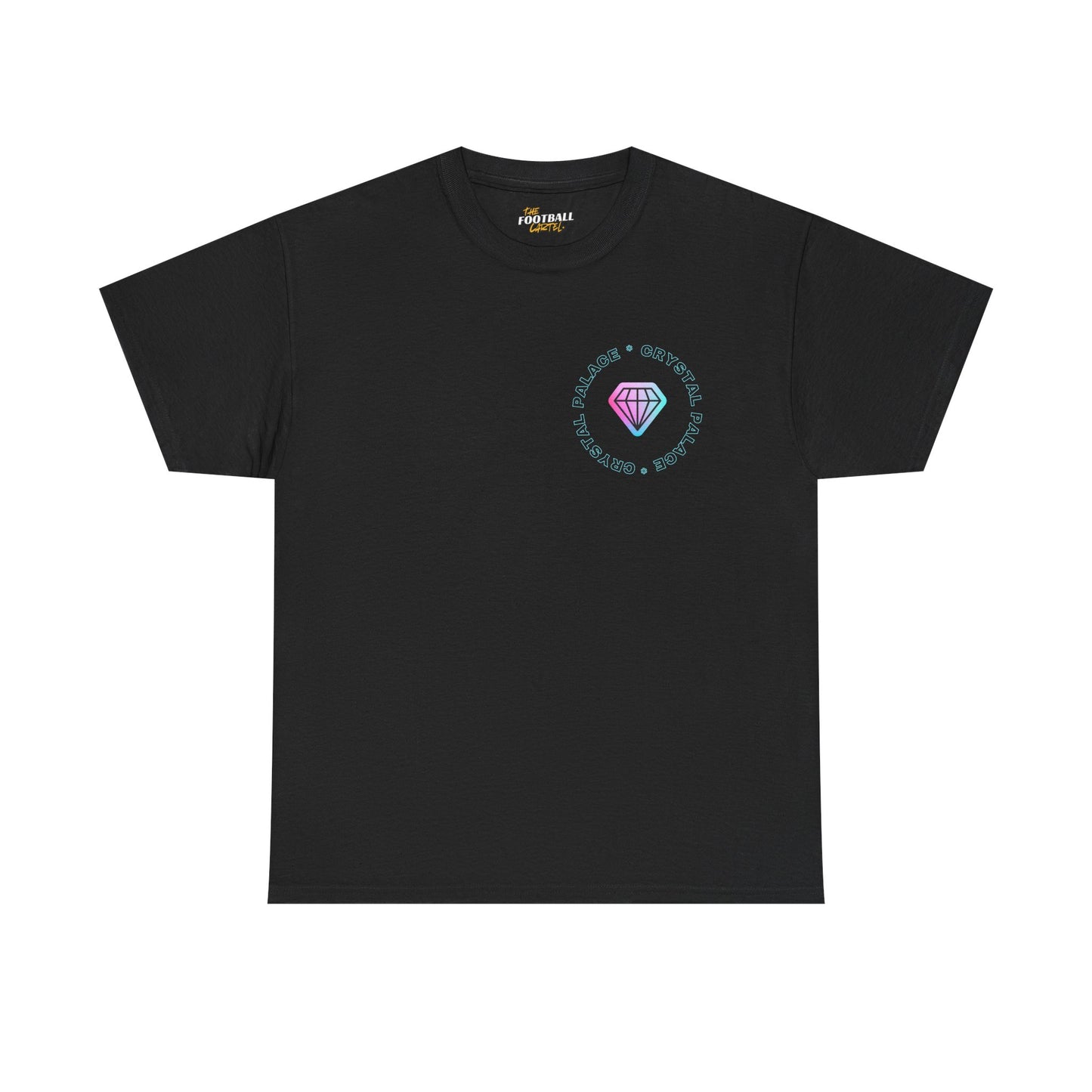 Black Crystal Palace  t-shirt with a colorful logo on a white background