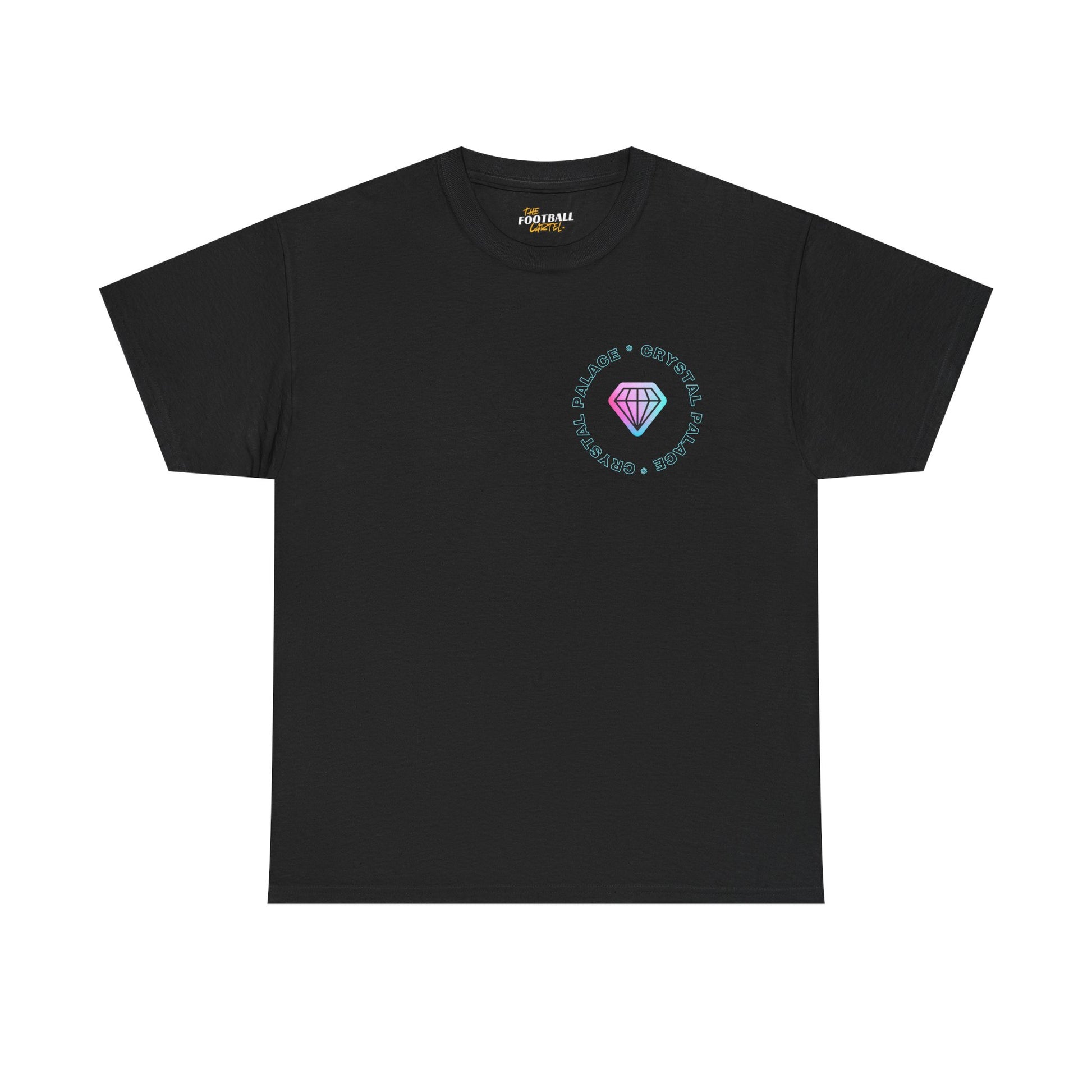 Black Crystal Palace  t-shirt with a colorful logo on a white background