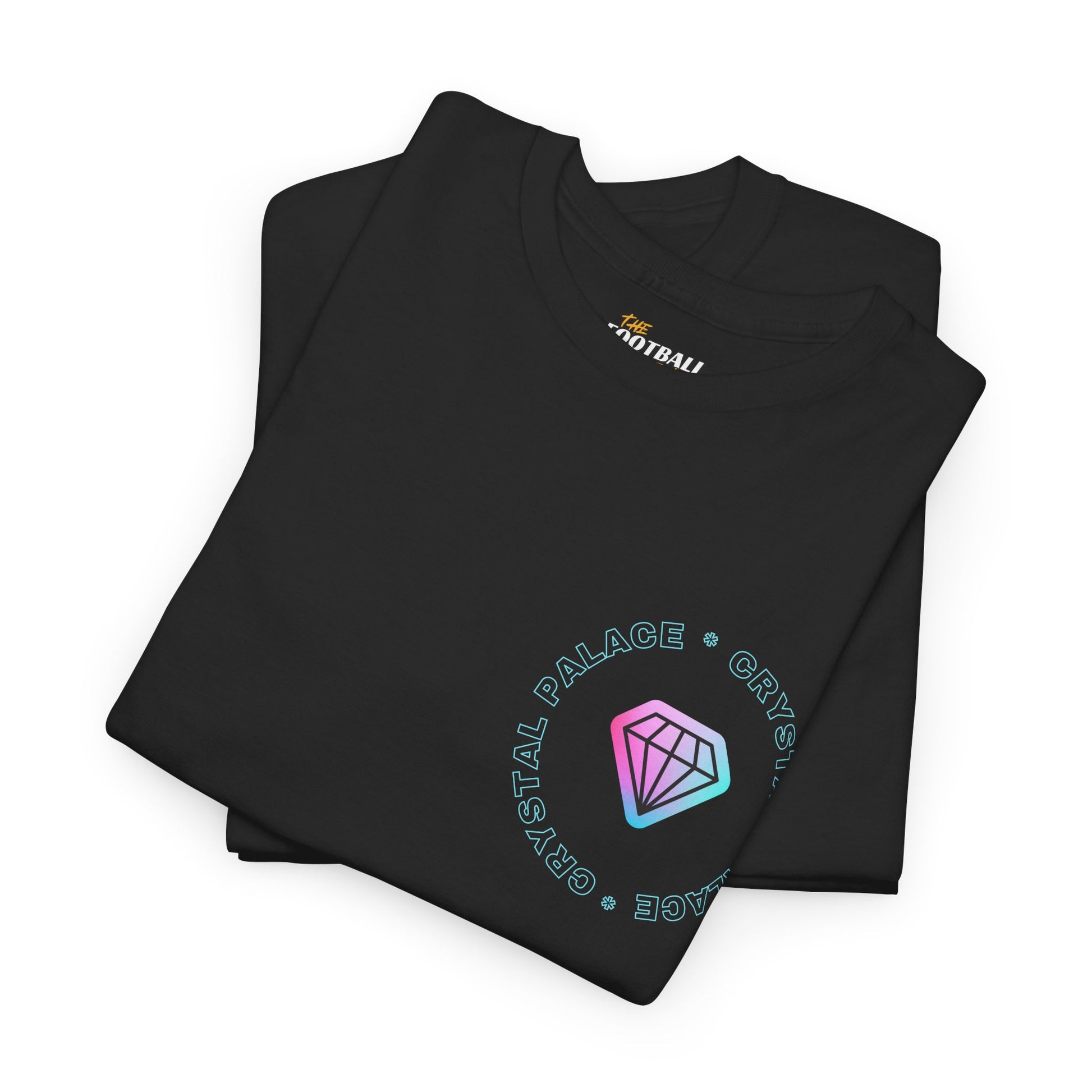 Folded black Crystal Palace  t-shirt with colorful logo on a white background