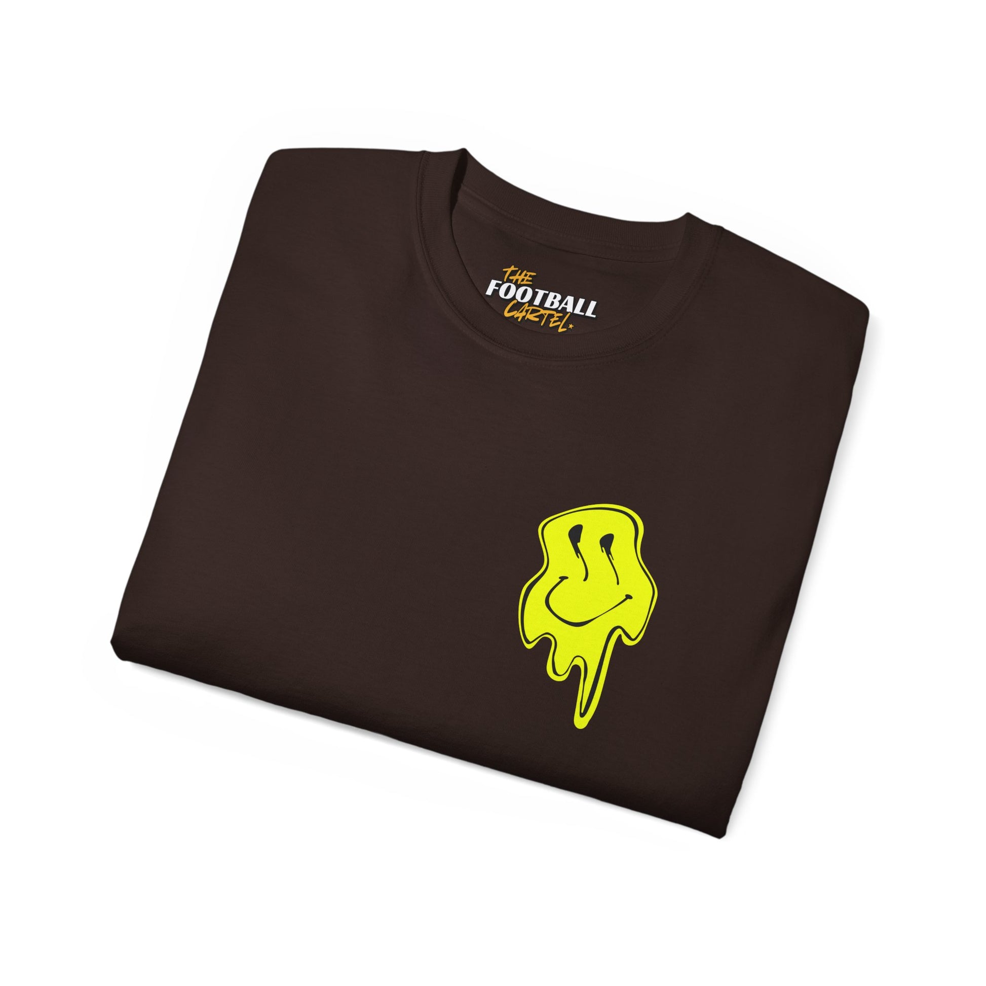 Folded brown t-shirt with a yellow graphic and 'The Football Cacti' branding on a white background