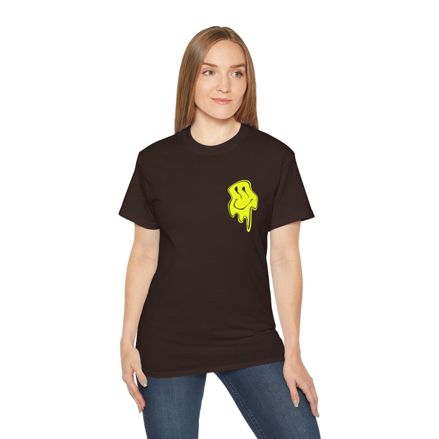 Person wearing a black t-shirt with a yellow graphic on a white background