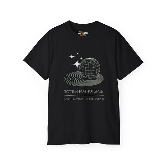 Black Tottenham Hotspur  t-shirt with a graphic design and text on a white background
