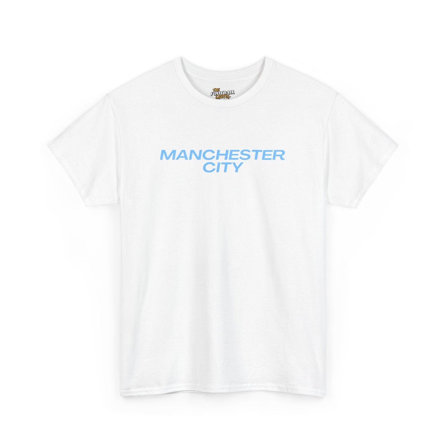 White t-shirt with 'Manchester City' text on a white background