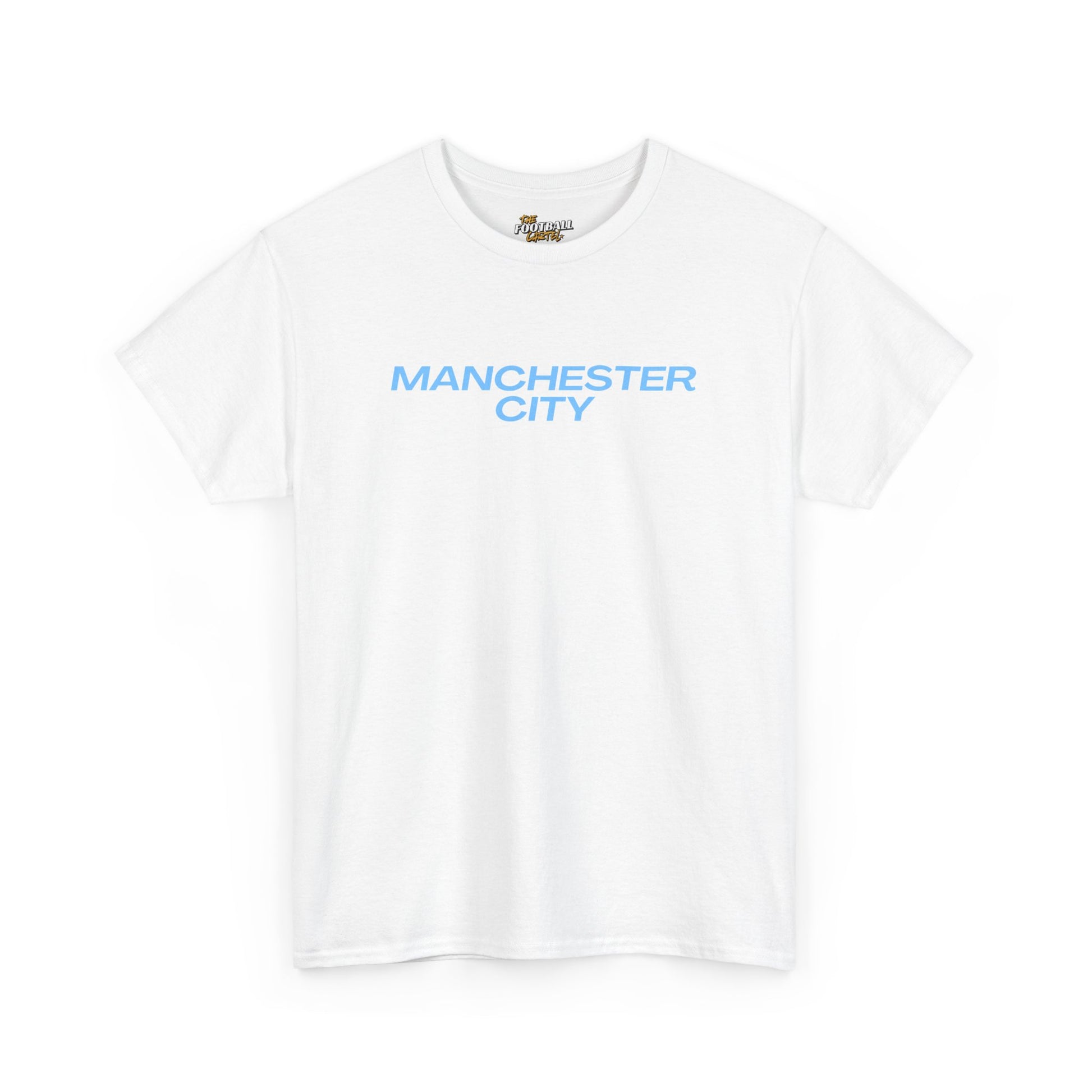 White t-shirt with 'Manchester City' text on a white background