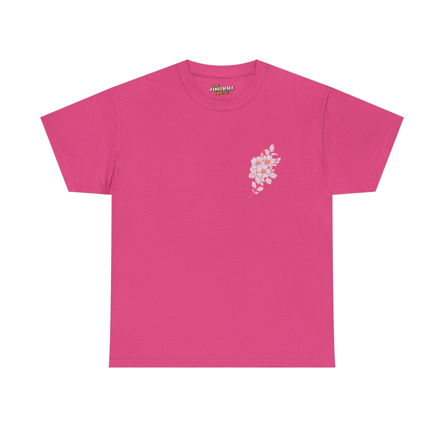 Pink t-shirt with a small floral design on the chest against a white background